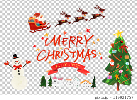 MERRY CHRISTクリスマスツリー、赤いリボン、手描き、HOLLY JOLLY イラスト MERRY CHRISTクリスマスツリー、赤いリボン、手描き、HOLLY JOLLY イラスト 119921757