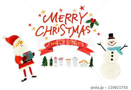 MERRY CHRIST、サンタクロース、街並み、手描き、HOLLY JOLLY 雪だるま MERRY CHRIST、サンタクロース、街並み、手描き、HOLLY JOLLY 雪だるま 119921758