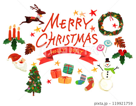 MERRY CHRISTクリスマスツリー、赤いリボン、手描き、HOLLY JOLLY　イラスト 119921759