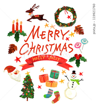 MERRY CHRISTクリスマスツリー、赤いリボン、手描き、HOLLY JOLLY　イラスト 119921760