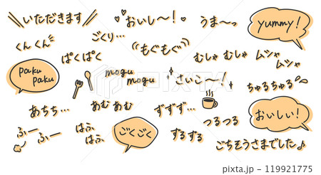 食べる擬音・効果音の手書き文字イラスト グルメ用デザインあしらい飾り アウトライン前・線幅の編集可能 食べる擬音・効果音の手書き文字イラスト グルメ用デザインあしらい飾り アウトライン前・線幅の編集可能 119921775