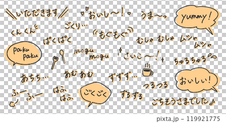 Handwritten illustration of eating onomatopoeia and sound effects Gourmet design decoration Outline and line width can be edited Handwritten illustration of eating onomatopoeia and sound effects Gourmet design decoration Outline and line width can be edited 119921775