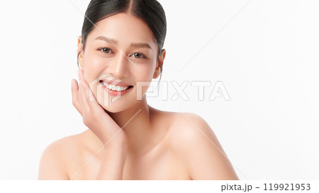 Beautiful young asian woman with clean fresh skin on white background, Face care, Facial treatment, Cosmetology, beauty and spa, Asian women portrait. Beautiful young asian woman with clean fresh skin on white background, Face care, Facial treatment, Cosmetology, beauty and spa, Asian women portrait. 119921953