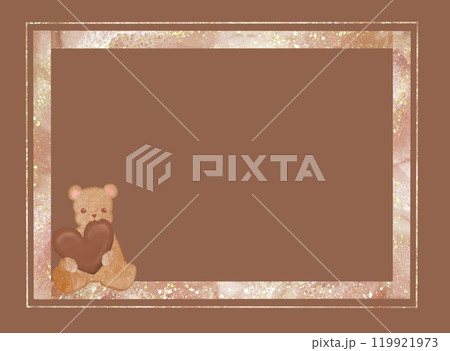 ハート型チョコレートをかじるテディベアの可愛いチョコフレーム。バレンタインデーやホワイトデー向けに。 119921973