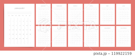 2025 Calendar template design. Week starts on Sunday office calendar. A4 vertical planner in simple modern style. Black and white calendar 2025. English vector 2025 calendar layout. 119922159