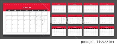Calendar template for 2025 year. Week starts on Sunday. Wall 2025 calendar in clean minimal style. Corporate or business calendar. English vector Calendar monthly pages red layout. 119922164