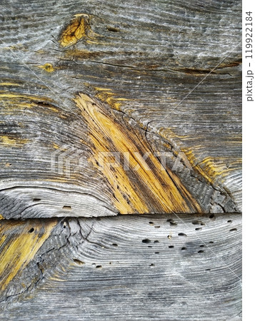 Close-up view of weathered wooden planks showing natural textures and colors in a rustic setting 119922184