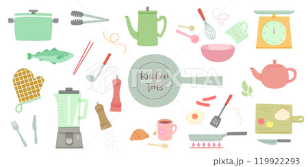 調理器具と食材のベクターイラスト。鍋やフライパン、ミキサーなどのキッチンツールのセット。料理の準備や 調理器具と食材のベクターイラスト。鍋やフライパン、ミキサーなどのキッチンツールのセット。料理の準備や 119922293