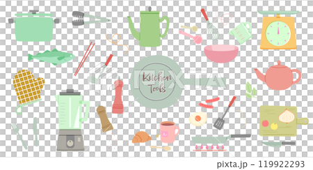 調理器具と食材のベクターイラスト。鍋やフライパン、ミキサーなどのキッチンツールのセット。料理の準備や 調理器具と食材のベクターイラスト。鍋やフライパン、ミキサーなどのキッチンツールのセット。料理の準備や 119922293