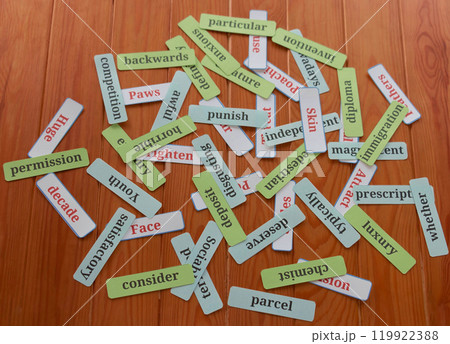 pile of word cards on table pile of word cards on table 119922388