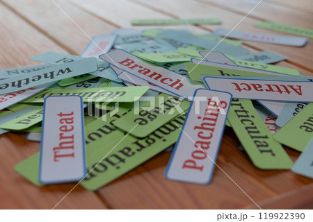 pile of word cards on table 119922390