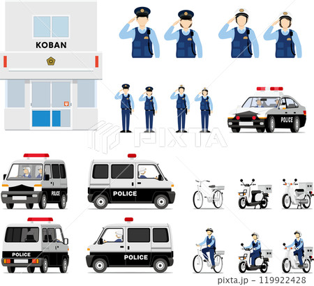 交番と警察官とパトカーのセット 119922428