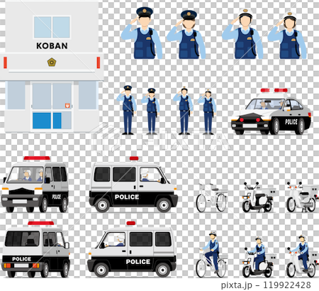 交番と警察官とパトカーのセット 119922428