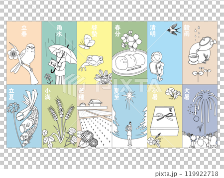 二十四節気の立春から大暑までの12節気イラストセット1 二十四節気の立春から大暑までの12節気イラストセット1 119922718