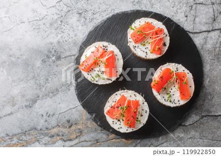 Mini cheesecake salmon with cream cheese, sesame and micro greens close-up on slate plate. Horizontal top view Mini cheesecake salmon with cream cheese, sesame and micro greens close-up on slate plate. Horizontal top view 119922850