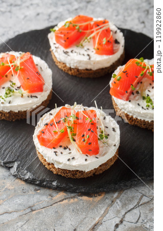 Sandwich, toast with smoked salmon, cream cheese, sesame and micro greens for healthy breakfast close-up on slate plate. Vertical 119922860