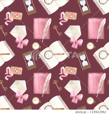 Book, quill, envelop, vintage key, pocket watch, hourglass watercolor antique collection on burgundy background. Hand painted design elements perfect for cards, banner, poster, stationary decor 119922962