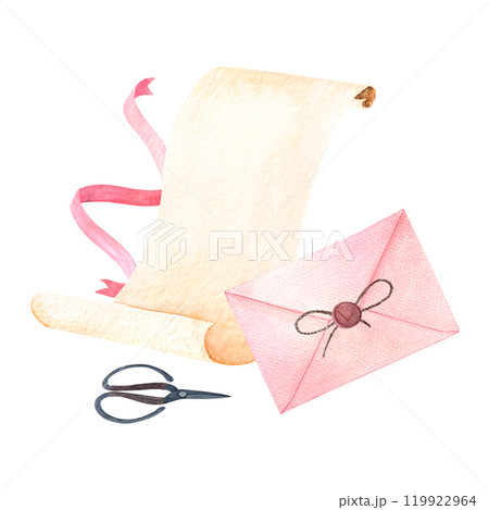 Envelope, sealing wax, scissors parchment pink ribbon watercolor composition isolated on white. Hand drawn high quality simple style art for stationary decor, stickers, cards, notebooks, diary design Envelope, sealing wax, scissors parchment pink ribbon watercolor composition isolated on white. Hand drawn high quality simple style art for stationary decor, stickers, cards, notebooks, diary design 119922964