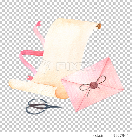 Envelope, sealing wax, scissors parchment pink ribbon watercolor composition isolated on white. Hand drawn high quality simple style art for stationary decor, stickers, cards, notebooks, diary design Envelope, sealing wax, scissors parchment pink ribbon watercolor composition isolated on white. Hand drawn high quality simple style art for stationary decor, stickers, cards, notebooks, diary design 119922964