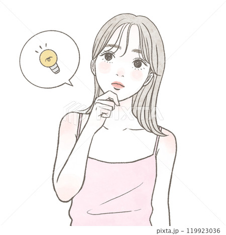 顎に手を添える、何かをひらめく 思いつく女性 顎に手を添える、何かをひらめく 思いつく女性 119923036