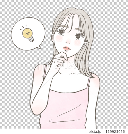 A woman with her hand on her chin, having an idea 119923036