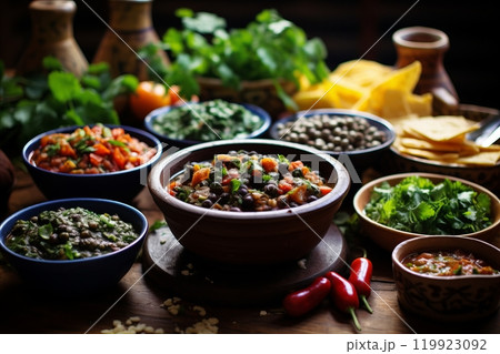 Authentic and delicious mexican mole poblano dishes available for sale on photo stock 119923092