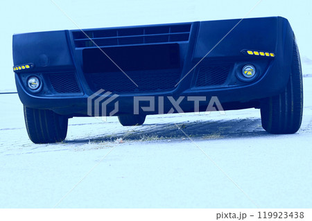 Fog light and LED side lights on black bumper in blue Fog light and LED side lights on black bumper in blue 119923438
