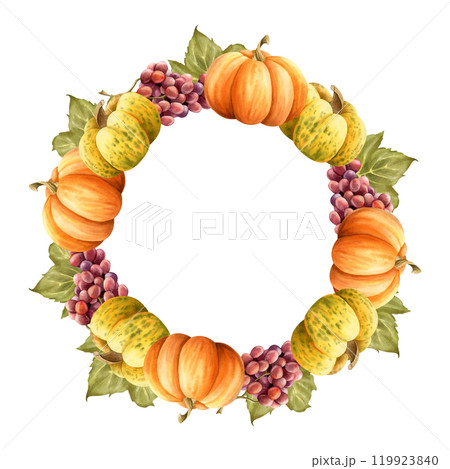 Fall vegetable and fruits harvest round wreath watercolor isolated illustration. Yellow orange pumpkins and grapes for Thanksgiving Day greetings. Fall gourds template for autumn farm designs Fall vegetable and fruits harvest round wreath watercolor isolated illustration. Yellow orange pumpkins and grapes for Thanksgiving Day greetings. Fall gourds template for autumn farm designs 119923840