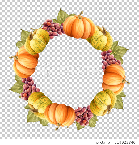 Fall vegetable and fruits harvest round wreath watercolor isolated illustration. Yellow orange pumpkins and grapes for Thanksgiving Day greetings. Fall gourds template for autumn farm designs Fall vegetable and fruits harvest round wreath watercolor isolated illustration. Yellow orange pumpkins and grapes for Thanksgiving Day greetings. Fall gourds template for autumn farm designs 119923840