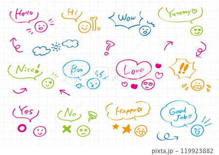かわいい手描き風ふきだしと表情のイラストセット カラー ノート かわいい手描き風ふきだしと表情のイラストセット カラー ノート 119923882