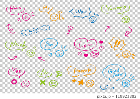 かわいい手描き風ふきだしと表情のイラストセット カラー ノート かわいい手描き風ふきだしと表情のイラストセット カラー ノート 119923882