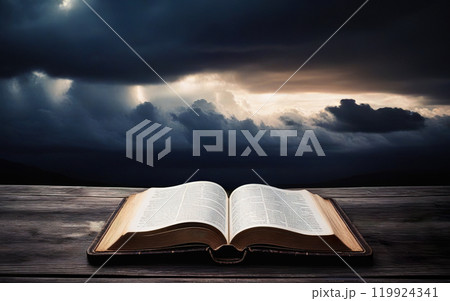 open bible on cloudy sky background concept religion 119924341