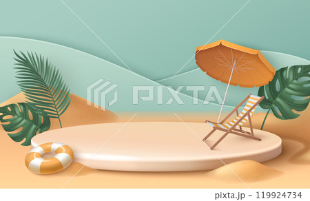 3d summer beach banner with podium and sand vector 3d summer beach banner with podium and sand vector 119924734