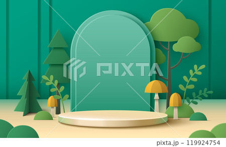 Green paper podium with arch wall eco background 119924754