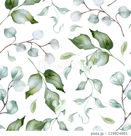 Greenery plants and holly branches delicate watercolor seamless pattern isolated. Foliage texture of curly vine and twigs hand drawn in dusty green. Eucalyptus seamless background for design textile. 119924991