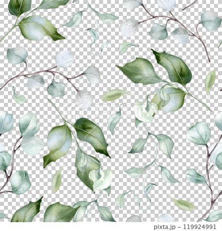 Greenery plants and holly branches delicate watercolor seamless pattern isolated. Foliage texture of curly vine and twigs hand drawn in dusty green. Eucalyptus seamless background for design textile. 119924991