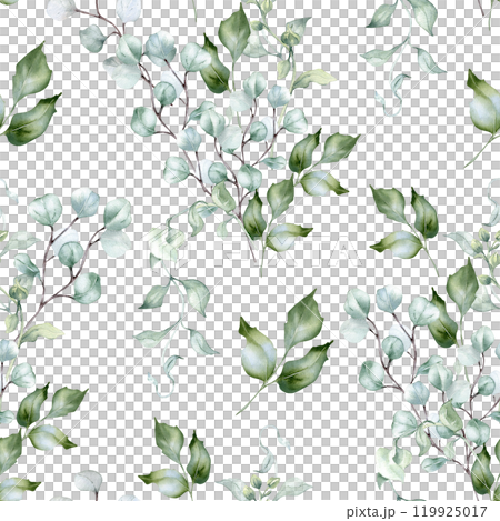 Sage green leaves and eucalyptus bouquet watercolor seamless pattern isolated. Delicate plants in soft tones on repeated texture painted. Foliage background in pastel tones hand drawn design textile. Sage green leaves and eucalyptus bouquet watercolor seamless pattern isolated. Delicate plants in soft tones on repeated texture painted. Foliage background in pastel tones hand drawn design textile. 119925017