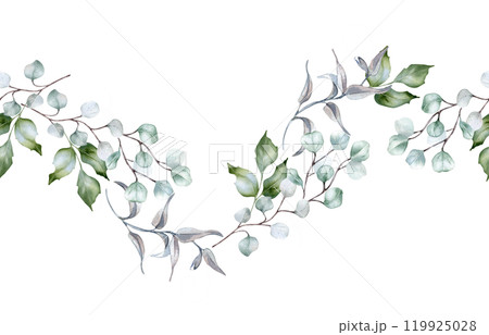 Wavy greenery seamless border in sage green colors watercolor isolated. Soft green leaves holly, branches of eucalyptus, curvy vine hand drawn. Botanical foliage repeating pattern for design textile. 119925028