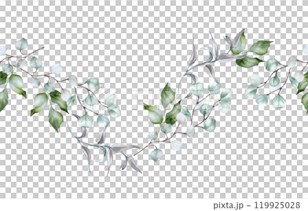 Wavy greenery seamless border in sage green colors watercolor isolated. Soft green leaves holly, branches of eucalyptus, curvy vine hand drawn. Botanical foliage repeating pattern for design textile. 119925028