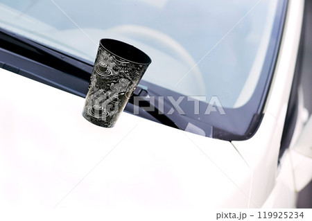 Coffee break. Paper cup of coffee, tea on the hood of the car Coffee break. Paper cup of coffee, tea on the hood of the car 119925234