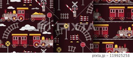 Set of seamless patterns with a steam locomotive in flat style. Childish background with toy train for fabric, wallpaper, scrapbooking, etc. 119925258