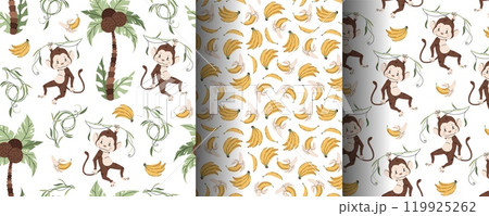 Set of seamless patterns with cute monkeys in flat style. Repeating background with African animals, palm trees and bananas. Childish illustration for fabric, wallpaper, wrapping paper, scrapbooking 119925262