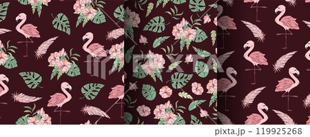 Set of seamless patterns with cute flamingos in flat style. Repeating background with tropical birds, hibiscus and leaves. Childish illustration for fabric, wallpaper, wrapping paper, scrapbooking, Set of seamless patterns with cute flamingos in flat style. Repeating background with tropical birds, hibiscus and leaves. Childish illustration for fabric, wallpaper, wrapping paper, scrapbooking, 119925268
