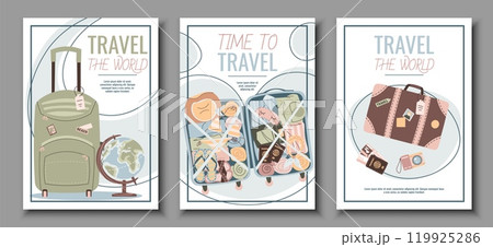 Set of tourist flyers. Posters with suitcase, globe, tickets, passport and camera. Travel around the world, summer vacation. Banners for travel agency. Set of tourist flyers. Posters with suitcase, globe, tickets, passport and camera. Travel around the world, summer vacation. Banners for travel agency. 119925286