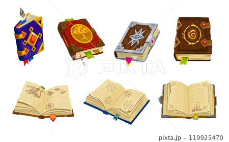 Medieval book game asset icons, ancient fantasy magic spellbooks and manuscripts, vector UI and GUI elements. Magic game open books with old parchment pages, leather covers, gems and ribbon bookmarks 119925470