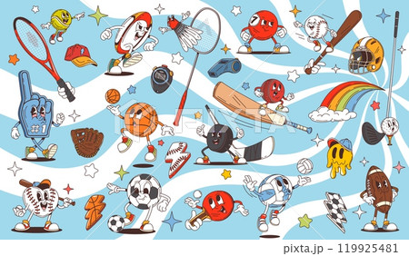Retro cartoon groovy sport characters of soccer or football balls, vector comic art. Groovy sport characters of funky volleyball and freaky baseball bat with rugby ball and gold club in retro cartoon 119925481