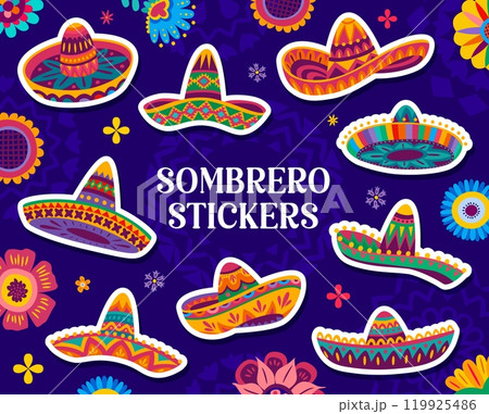 Mexican sombrero hat stickers with Latin ornament patterns, vector icons. Cartoon Mexican stickers of sombrero or cowboy charro hats for Cinco de Mayo holiday and Mexico fiesta celebration 119925486