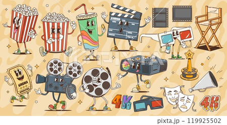 Cartoon retro groovy movie cinema characters. Cute popcorn, ticket, soda and 3d glasses vector personages of vintage movie theater. Funny film reel, video projector, director chair and clapperboard Cartoon retro groovy movie cinema characters. Cute popcorn, ticket, soda and 3d glasses vector personages of vintage movie theater. Funny film reel, video projector, director chair and clapperboard 119925502