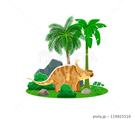 Pachyrhinosaurus prehistoric dinosaur animal character with palms. Cute jurassic dino lizard vector personage, prehistoric forest trees and green plants. Cartoon extinct ceratopsian herbivore dinosaur Pachyrhinosaurus prehistoric dinosaur animal character with palms. Cute jurassic dino lizard vector personage, prehistoric forest trees and green plants. Cartoon extinct ceratopsian herbivore dinosaur 119925510