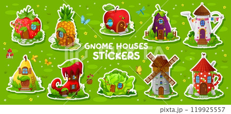Cartoon fairytale gnome home building stickers. Vector fairy houses and cottages of gnome, elf, dwarf or hobbit, fantasy forest village buildings stickers pack. Cute apple, boot and tea cup homes set Cartoon fairytale gnome home building stickers. Vector fairy houses and cottages of gnome, elf, dwarf or hobbit, fantasy forest village buildings stickers pack. Cute apple, boot and tea cup homes set 119925557